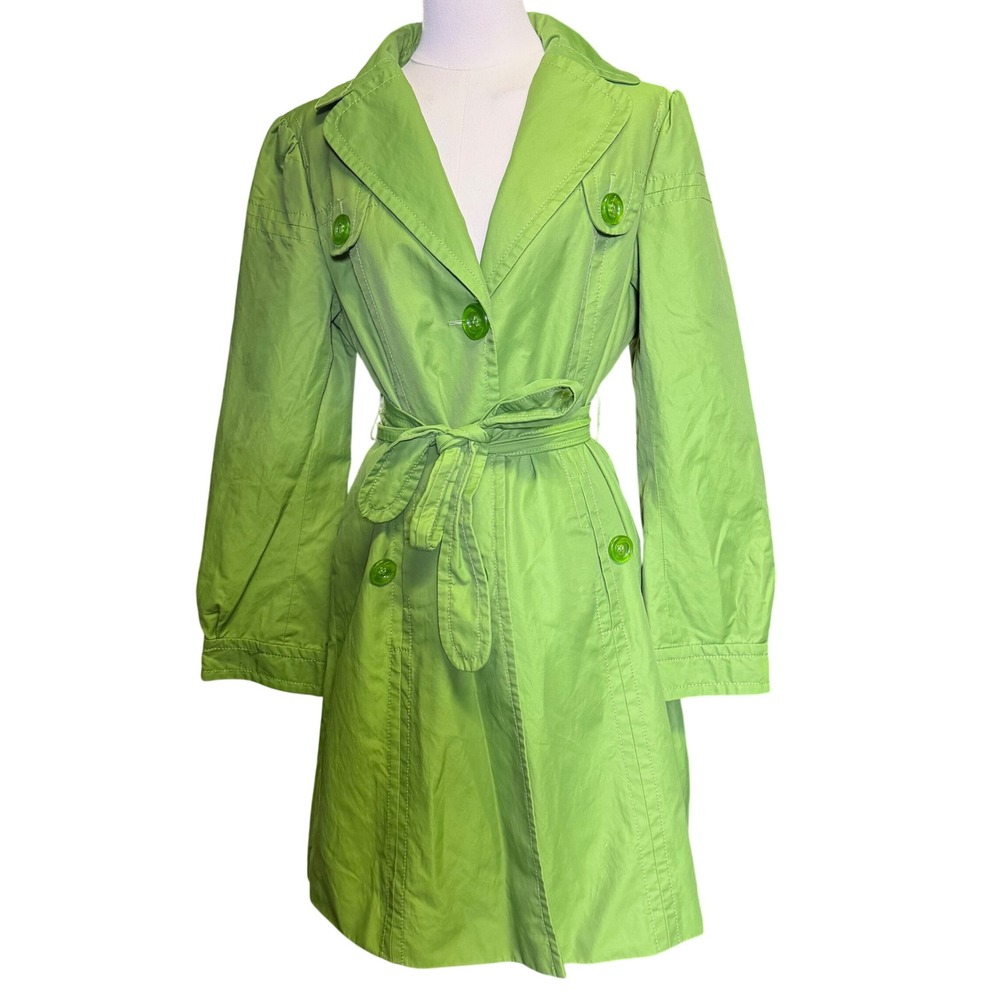 Ann Taylor Loft Trench Coat Women L Green Good Polka Dot Lining Belted Jacket